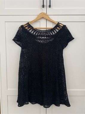 Free People Slip Lined Black Crochet Mini Dress Lattice Yoke Scooped Neckline S